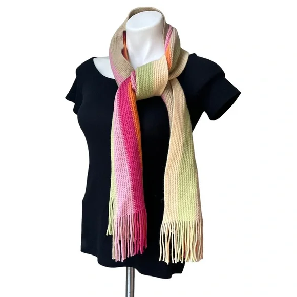 NWT, Talbots Wool Blend Ribbed Knit Multicolor Fringe Scarf - Picture 1 of 9